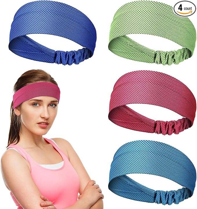 Coume 4 Pcs Cooling Headbands for Women Men Sweat Absorbing Headbands Stretchy Sports Hair Bands for Running, Yoga, Golf, Camping, Biking, Tennis