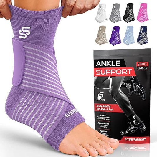 Sleeve Stars Ankle Brace for Women & Men, Ankle Wrap for Sprain, Compression Sleeve for Plantar Fasciitis Relief, Easy Customizable Support: w/ Removable Strap (Single/M:10"-12"/Light Purple)