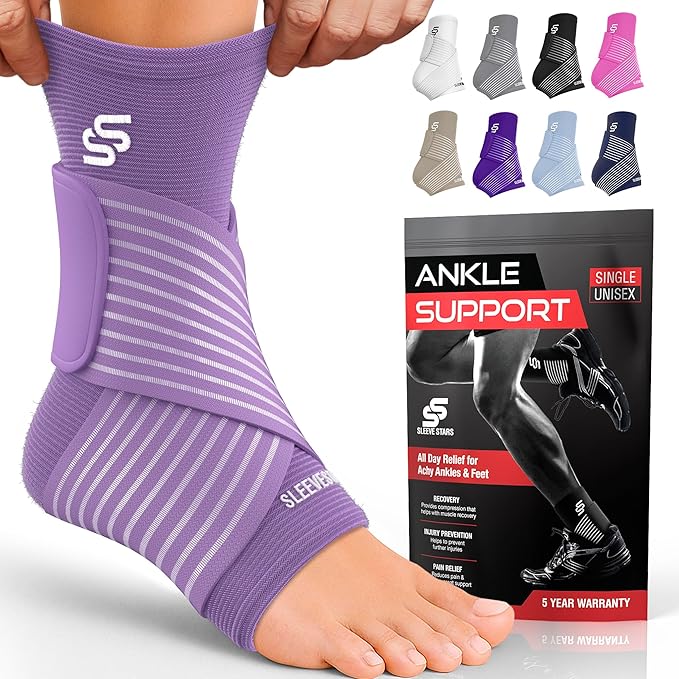 Sleeve Stars Ankle Brace for Women & Men, Ankle Wrap for Sprain, Compression Sleeve for Plantar Fasciitis Relief, Easy Customizable Support: w/ Removable Strap (Single/M:10"-12"/Light Purple)