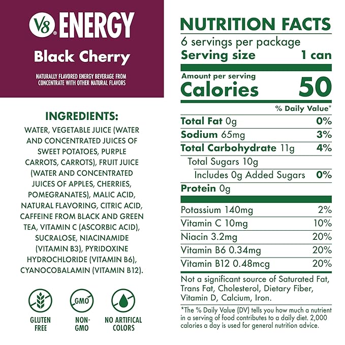 V8 Energy Black Cherry Energy Drink, 8 fl oz Can (6 Pack)