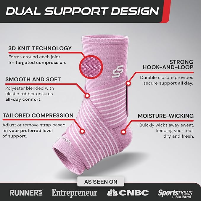 Sleeve Stars Ankle Brace for Women & Men, Ankle Wrap for Sprained Ankle, Compression Sleeve for Plantar Fasciitis Relief, Easy Customizable Support: w/Removable Strap (Single/L:12"-13"/Baby Pink)