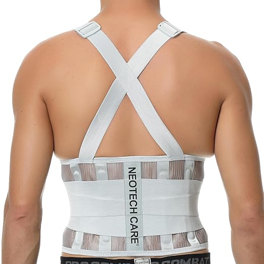 NeoTech Care Back Brace with Suspenders/Shoulder Straps - Light & Breathable - Lumbar Support Belt for Lower Back Pain - Posture, Work, Gym - Grey Color (Size XXL)