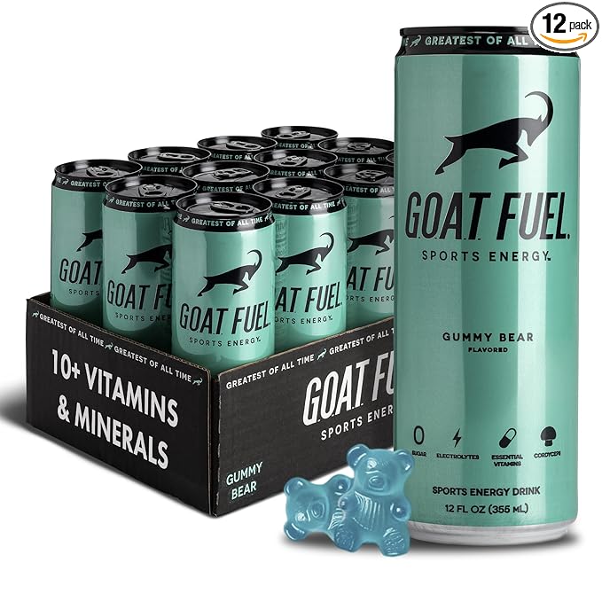 G.O.A.T. Fuel Energy Drink, Co-Founded by Jerry Rice, Natural Caffeine, Electrolytes, BCAAs, Cordyceps Mushrooms & Antioxidants, Light Carbonation Pre Workout, 12 Pack, 12 FL Oz, Gummy Bear