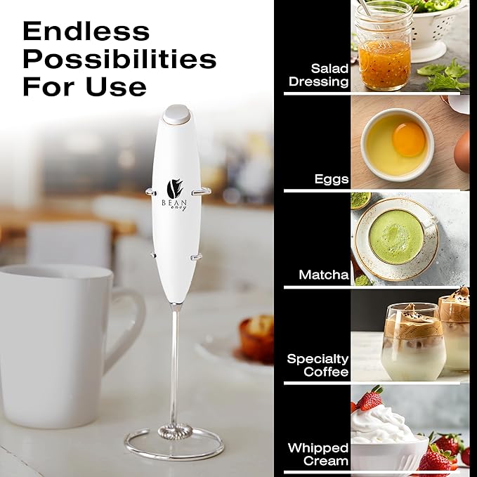 Bean Envy Milk Frother Handheld for Coffee - Electric Hand Blender, Mini Drink Mixer Whisk & Coffee Foamer Wand with Stand for Lattes, Cappuccino, Matcha and Hot Chocolate - Kitchen Gifts - White