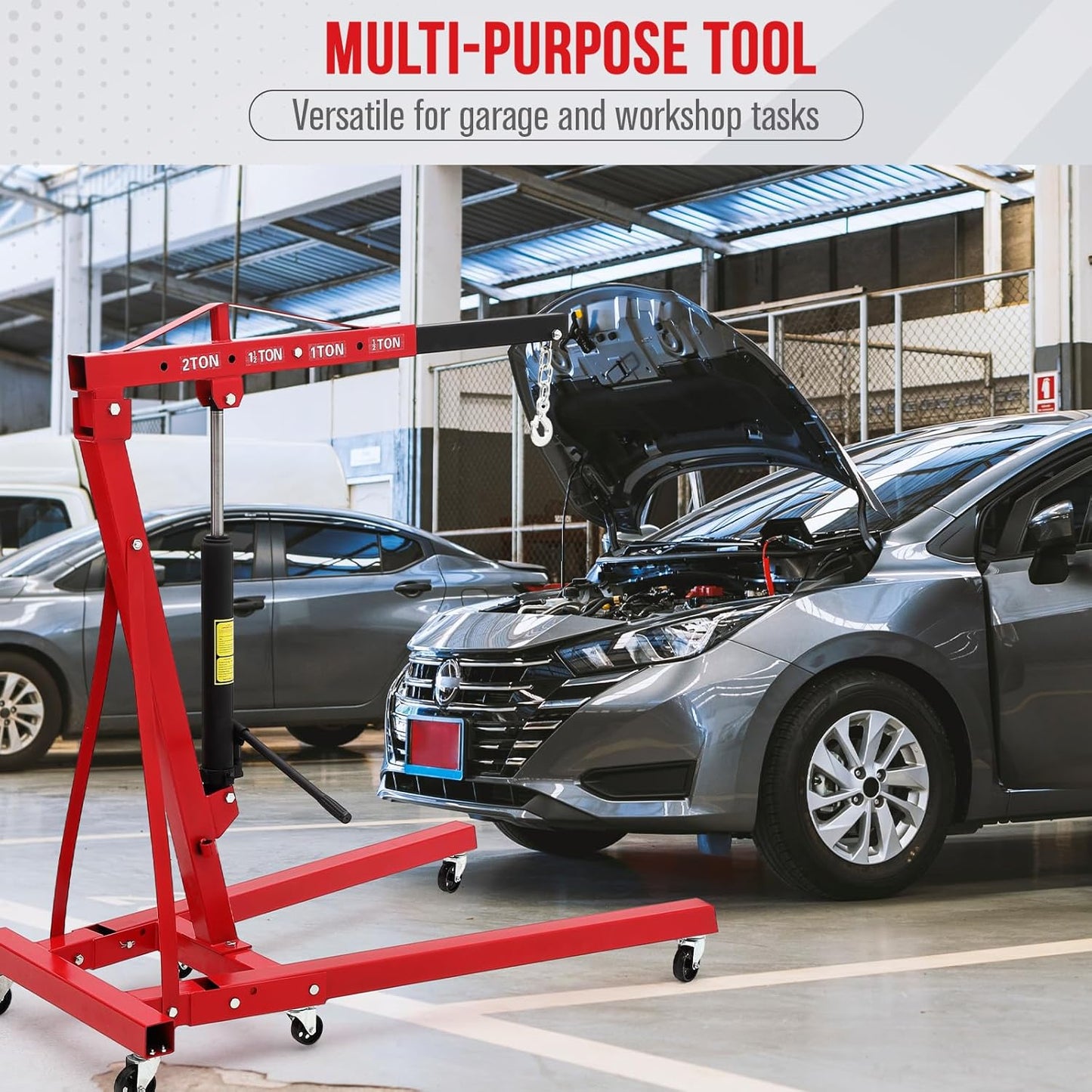 2 Ton Hydraulic Engine Hoist with Lever Stabilizer, Cherry Picker Engine Hoist, 4400LBS Heavy Duty Garage Crane with 6 Swivel Casters & Adjustable Telescopic Boom, for Auto Repair & Workshop (Red)