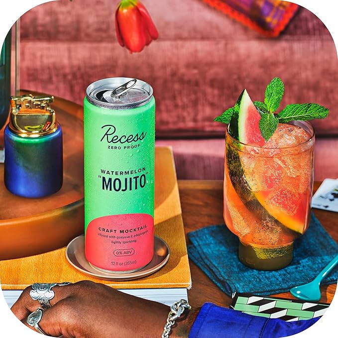Recess Zero Proof Craft Mocktails, Alcohol Free Drinks, With Adaptogens, Non-Alcoholic Beverage Replacement, Mixer, Celebration, Party, (Watermelon "Mojito", 12oz, Pack of 12)
