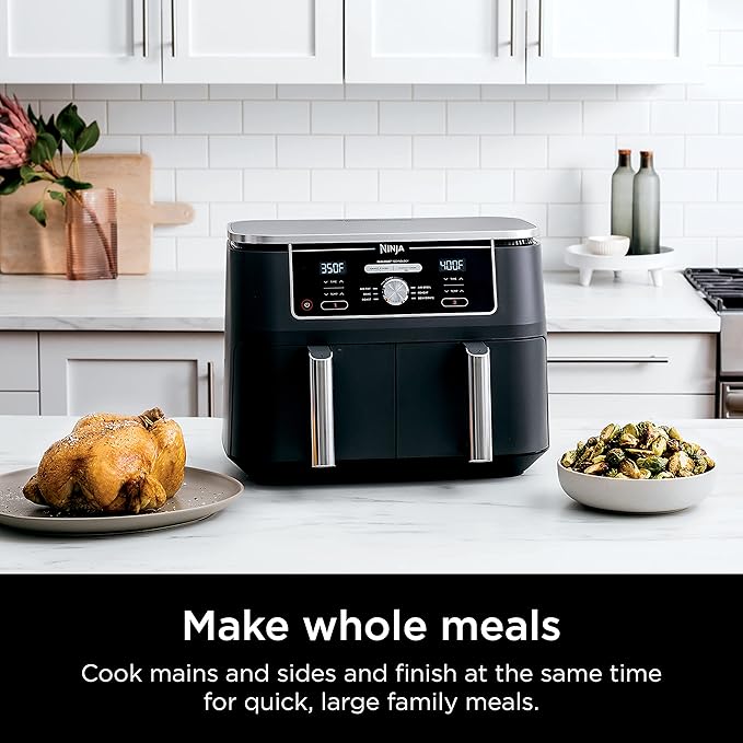 Ninja DZ401 Foodi 10 Quart 6-in-1 DualZone XL 2-Basket Air Fryer with 2 Independent Frying Baskets, Match Cook & Smart Finish to Roast, Broil, Dehydrate for Quick, Easy Family-Sized Meals, Grey