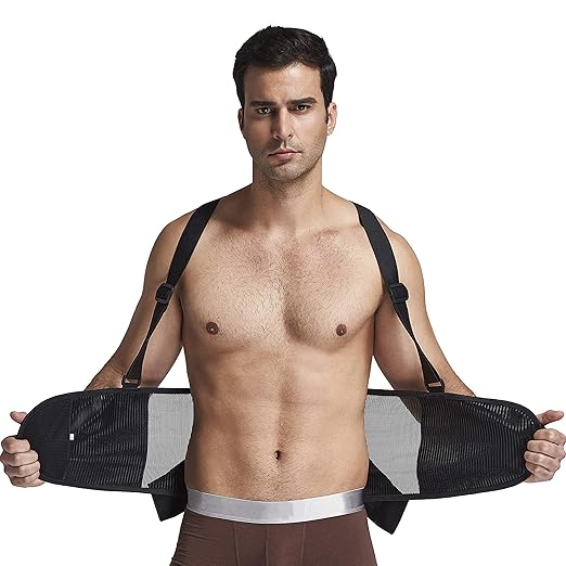 NeoTech Care Back Brace with Suspenders/Shoulder Straps - Light & Breathable - Lumbar Support Belt for Lower Back Pain - Posture, Work, Gym - Black Color (Size XL)