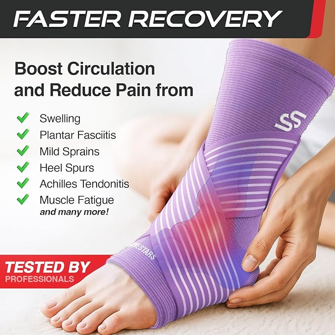 Sleeve Stars Ankle Brace for Women & Men, Ankle Wrap for Sprain, Compression Sleeve for Plantar Fasciitis Relief, Easy Customizable Support: w/ Removable Strap (Single/M:10"-12"/Light Purple)
