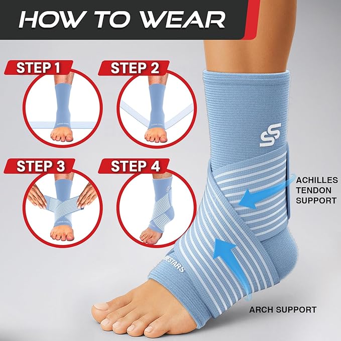 Sleeve Stars Ankle Brace for Women & Men, Ankle Wrap for Sprain, Compression Sleeve for Plantar Fasciitis Relief, Easy Customizable Support: w/ Removable Strap (Pair/M:10"-12"/Light Blue)