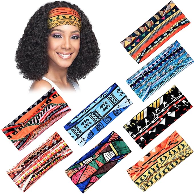 African Headbands Wide Head Wraps for Women Boho Turban Head Bands for Lady Large Sport Workout Stretchy Non-Slip Hair Bands,Pack of 8