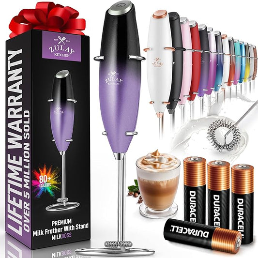 Zulay Powerful Milk Frother (4 Duracell Batteries Included) - Handheld Milk Frother Wand Drink Mixer for Coffee - Powerful Milk Foamer for Cappuccino, Frappe, Matcha & Creamer - Galaxy Black/Purple