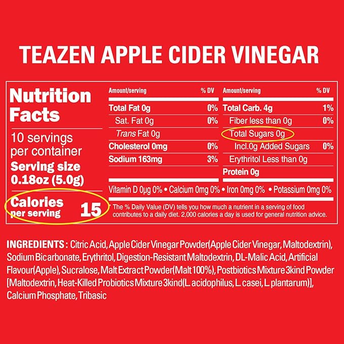 TEAZEN Apple Cider Vinegar Drink Powder Stick – On-the-Go Wellness with 1500mg ACV, Sugar-Free, Postbiotics, 10 Sticks | Supports Digestion & Metabolism