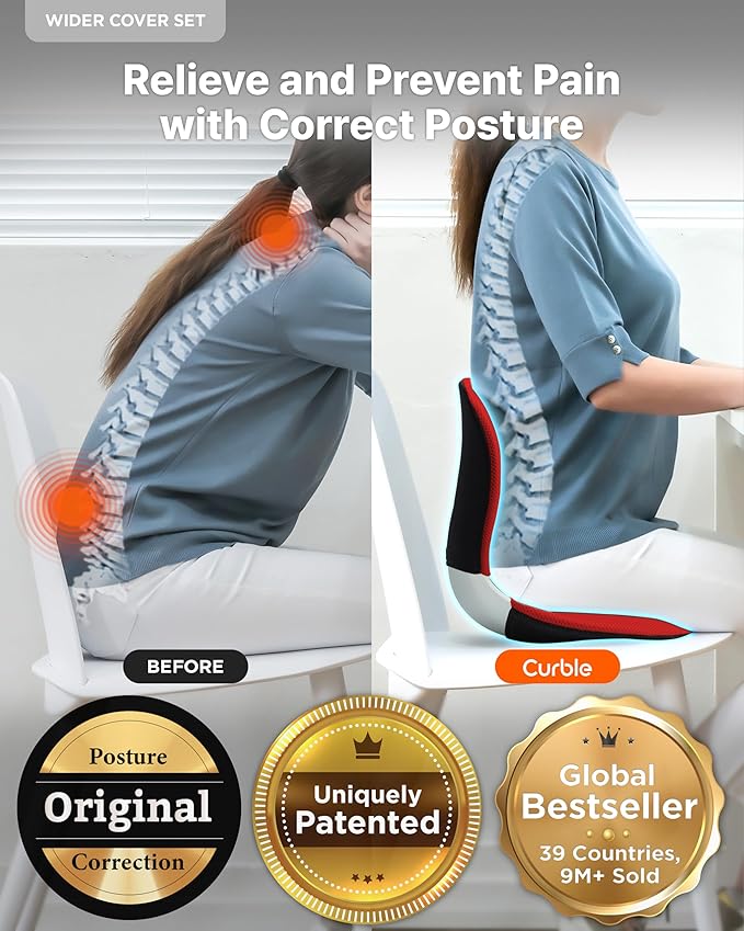 curble WIDER(Standard Wide) COVER SET – Lower Back Support Chair with Detachable Cover, Lumbar Support Posture Corrector, Back Pain Relief (Set Red)