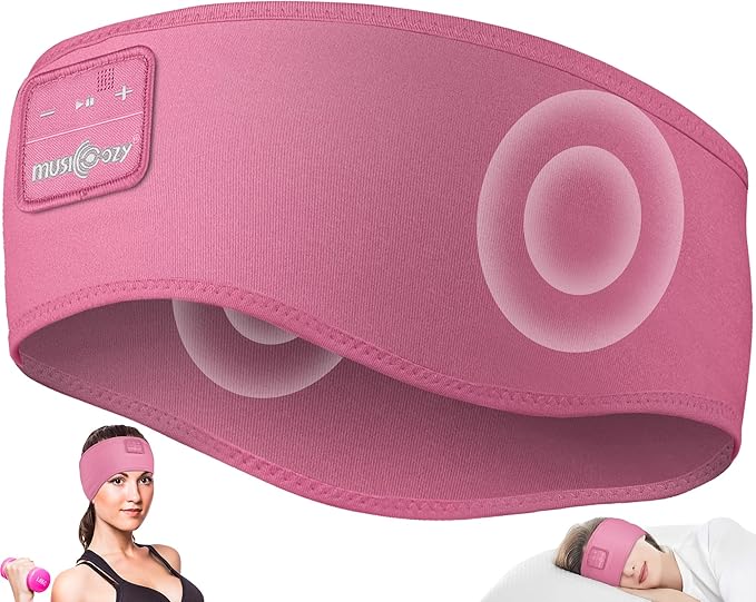 MUSICOZY Sleep Headphones Headband Bluetooth 5.4 Wireless Headband Headphones for Sleeping for Side Sleeper with Ultra-Thin HD Stero Speaker for Workout(Pink)