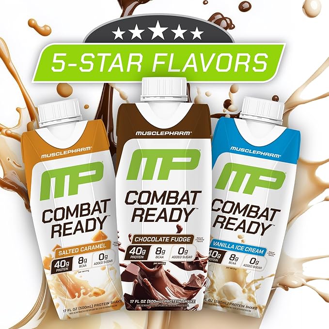 MusclePharm Combat Ready High Protein Shakes Ready to Drink, 40g Protein, 8g BCAAs, 8.7g Glutamine, 5g Fiber, No Added Sugar, Gluten Free, Chocolate Fudge, 17 Fl Oz (Pack of 12)