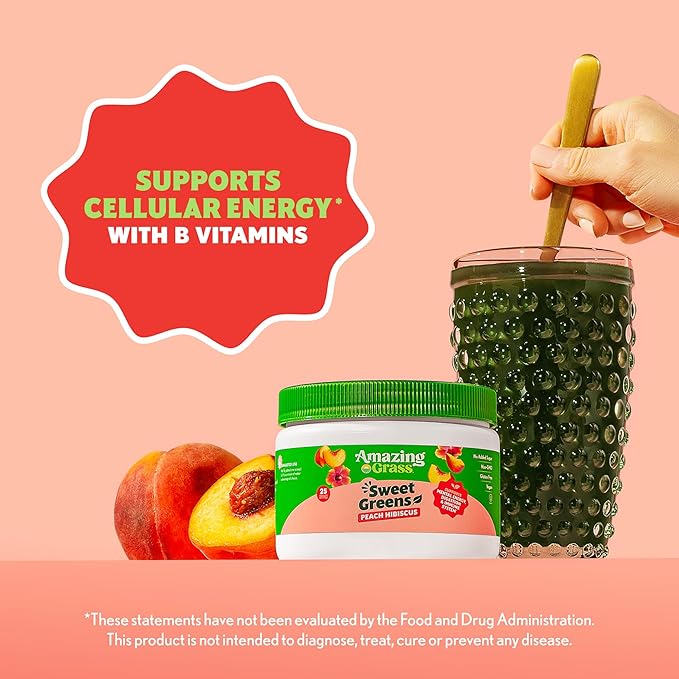 Amazing Grass Sweet Greens and Superfoods Powder for Digestive Health, Greens Powder, Digestive Enzymes, Probiotics, Spirulina, Chlorella, Peach Hibiscus, 30 Servings