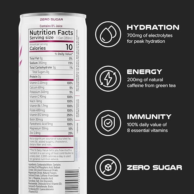 PHX Hydration Energy Drink - 700mg Electrolytes, 200mg Natural Green Tea Caffeine, 100% Daily Value 8 Essential Vitamins - 12 oz Cans (12 Pack) (12 Pack, Wild Berry)