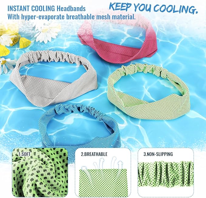 Coume 4 Pcs Cooling Headbands for Women Men Sweat Absorbing Headbands Stretchy Sports Hair Bands for Running, Yoga, Golf, Camping, Biking, Tennis