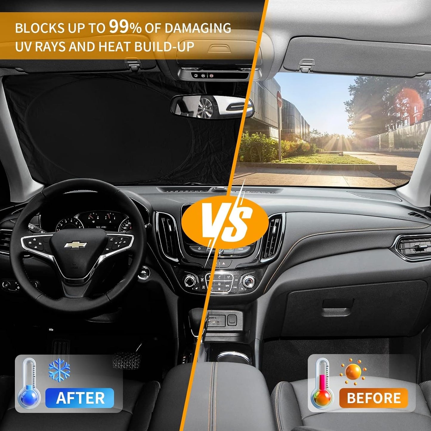 for Chevy Car Equinox 2005-2017 Windshield Sunshade Foldable Sun Shield, Front Window Shade for Chevy Silverado Traverse Tahoe Custom Fit Sun Visor Accessories Protector 210T Reflective Cover Block UV