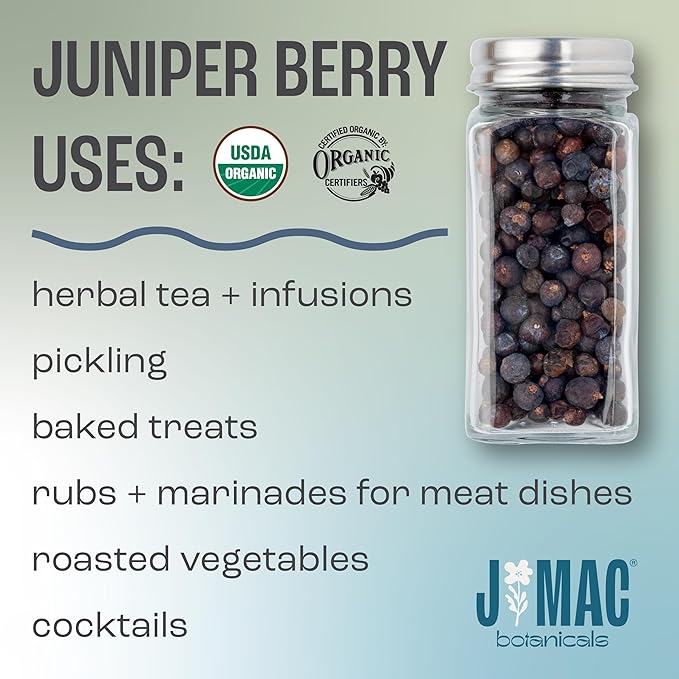 J MAC BOTANICALS, Organic Whole Juniper Berries, Certified Organic, juniper for herbal infusions, cooking and seasoning beef, pork, turkey brine, soups, syrups, cocktail bombs (4 oz)