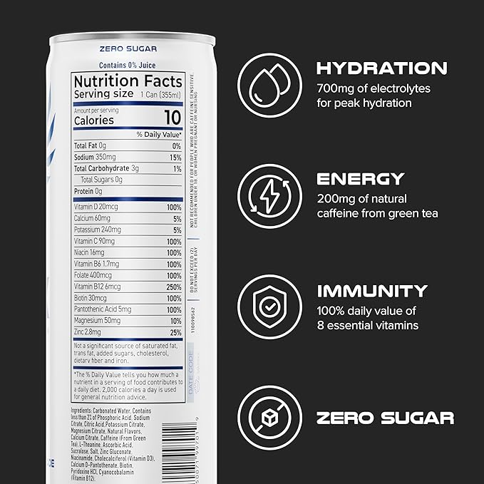 PHX Hydration Energy Drink - 700mg Electrolytes, 200mg Natural Green Tea Caffeine, 100% Daily Value 8 Essential Vitamins - 12 oz Cans (12 Pack) (12 Pack, Blueberry Lemonade)