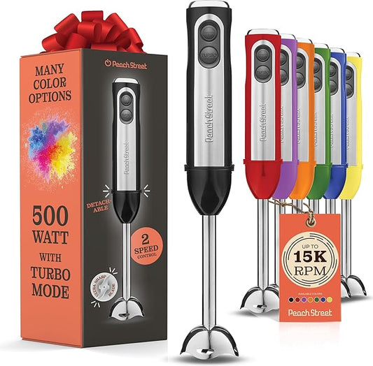 Powerful Immersion Blender, Electric Hand Blender 500 Watt with Turbo Mode, Detachable Base. Handheld Kitchen Gadget Blender Stick for Soup, Smoothie, Puree, Baby Food, 304 Stainless Steel Blades