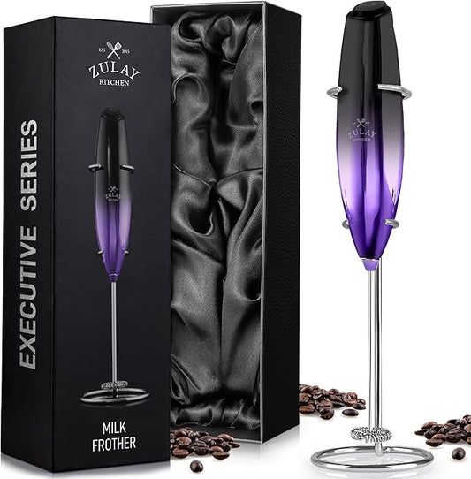 Zulay Kitchen Executive Series Milk Frother Wand - Upgraded & Improved Stand - Ideal Coffee Gift - Coffee Frother Handheld Foam Maker For Lattes - Electric Milk Frother Handheld For Cappuccino