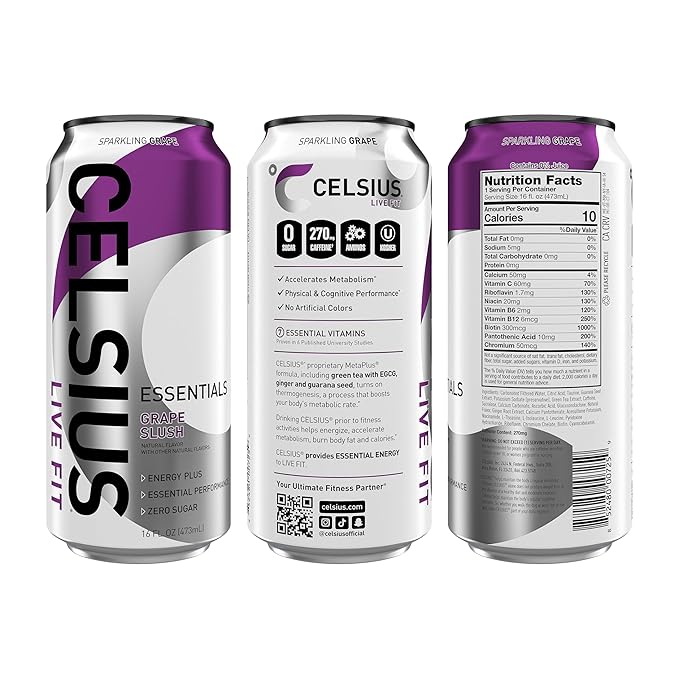 CELSIUS ESSENTIALS™ Sparkling Grape Slush, Sugar Free Performance Energy Drink, 16 Fl Oz (Pack of 12)