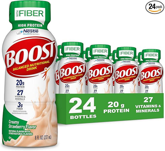 BOOST High Protein with Fiber Ready to Drink Complete Nutritional Drink, Creamy Strawberry, 8 fl oz Bottle, 24 Pack