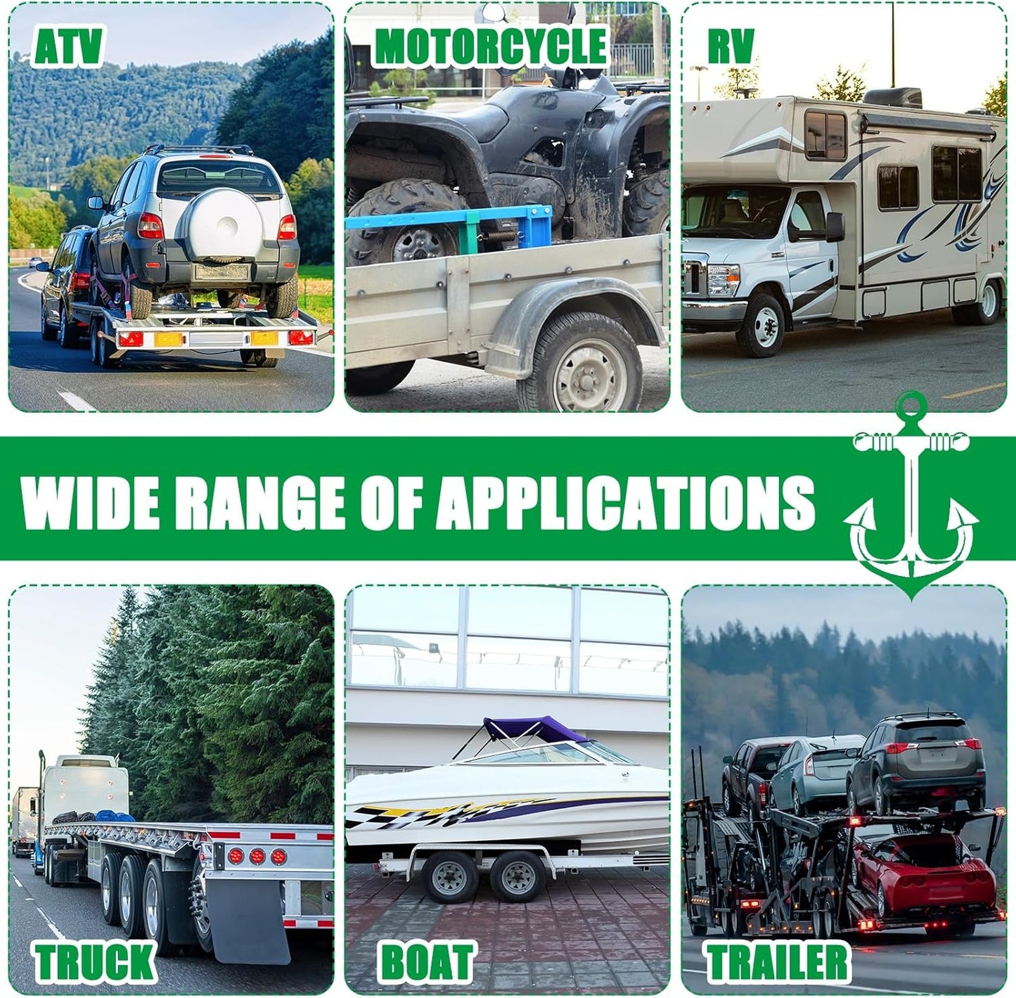 8 Pack 2" X 8ft Tow Truck Straps Lasso Wheel Lift Straps Lasso Tow Strap with D Ring 11, 000 Lbs Break Strength Auto Tie Down Auto Hauler for Trailer Truck Tie(Green)