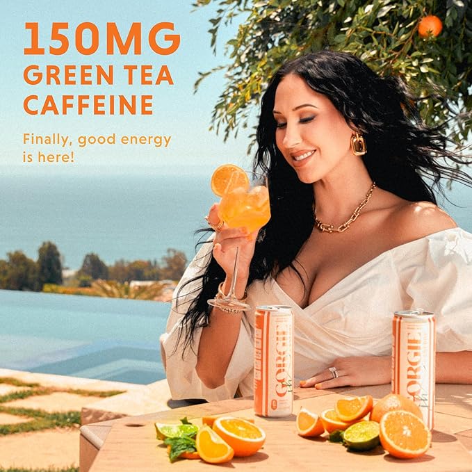 GORGIE Sugar Free Natural Energy Drinks, Jaclyn Hill Orange Twist (12 Pack) Healthy Sparkling Energy Drinks Natural Coffee Replacement with Green Tea Caffeine and Biotin, Vegan, Low Calorie