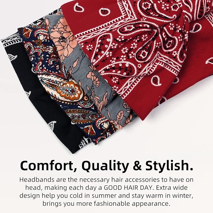 Wide Headbands for Women Black Stylish Head Wraps Boho Bandeau Thick Hairbands Large No Slip African Sport Yoga Workout Turban Headband Hair Accessories (Pack of 4)