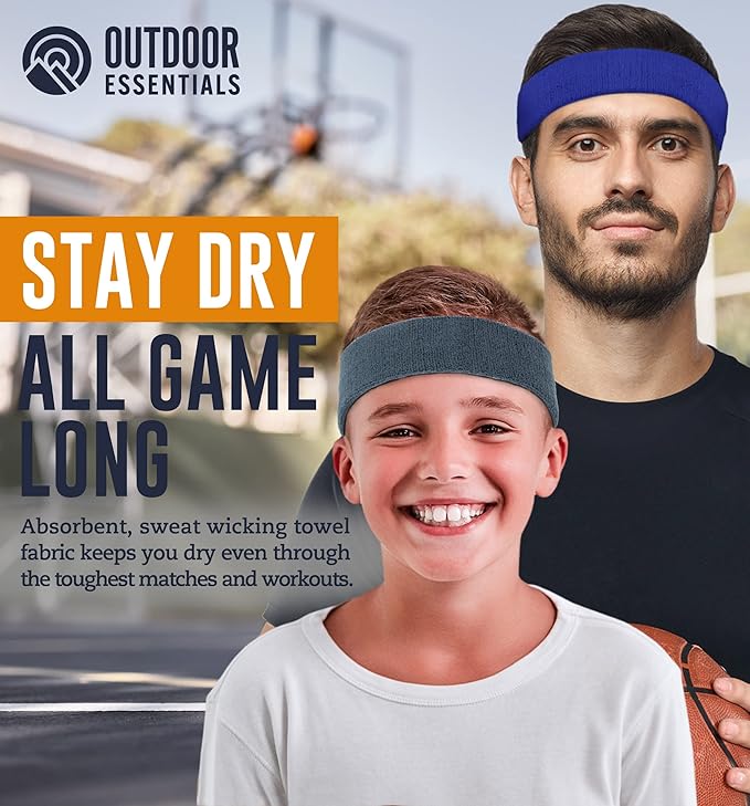 OutdoorEssentials Sweatbands & Wristbands - Wrist Sweat Bands Headbands for Men & Women - Multipack Terry Cloth Headbands or Wrist Bands for Working Out, Tennis, Basketball, Football, Gymnastics