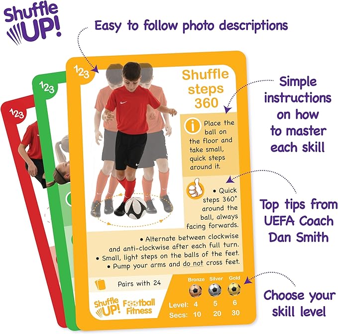 Shuffle Up Soccer Card Games - 70+ Fun & Active Skills Cards for Kids, Fitness Cards Develop Fundamentals, Stamina & Strength, Easy to Play for Kids | Multiple Skills Level Card Include 2 Dices