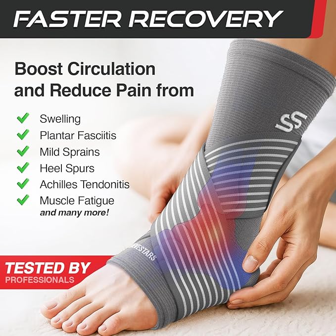 Sleeve Stars Ankle Brace for Women & Men, Ankle Wrap for Sprained, Compression Sleeve for Plantar Fasciitis Relief, Easy Customizable Support: w/ Removable Strap (Single/M:10"-12"/Gray)