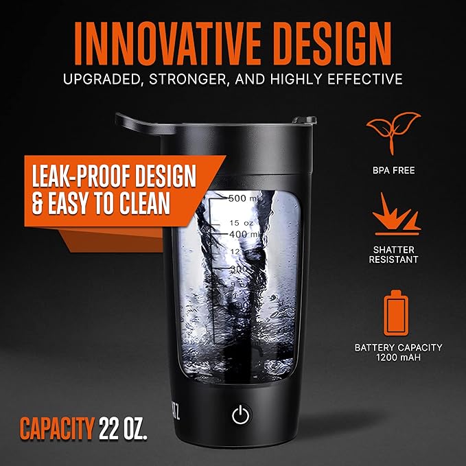 SQUATZ 22 Oz Electric Shaker Bottle - Rechargeable Automatic Protein Shake Blender Flask, Leak-proof & Easy to Clean, Smooth Drink in 15 Seconds, Ideal for Gym Shakes, Coffee, Milkshakes (Black)