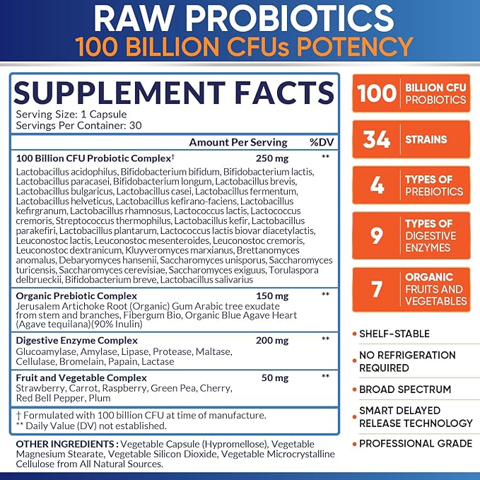 Wholesome Wellness Organic Raw Probiotics 100 Billion CFU, Dr Formulated for Women and Men, Complete Adult Supplement with Prebiotics and Digestive Enzymes; 30 Capsules, Shelf Stable