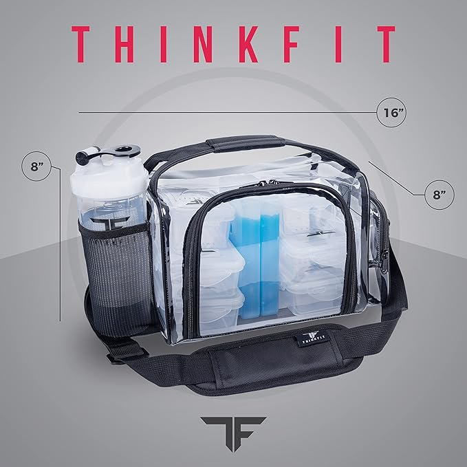 ThinkFit Clear Lunch Bag with 6 Meal Prep Containers - BPA-Free, Reusable, Microwave + Freezer Safe - With Shaker Cup and more! Clear Lunch Box - Transparent Bag for Work