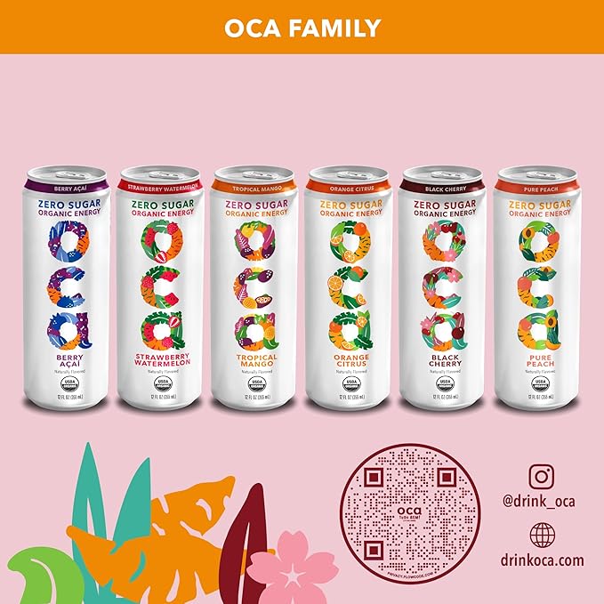 OCA ZERO Black Cherry, Organic energy drink, zero sugar, gluten-free, vegan plant-based, 12 Fl Oz (12-pack)