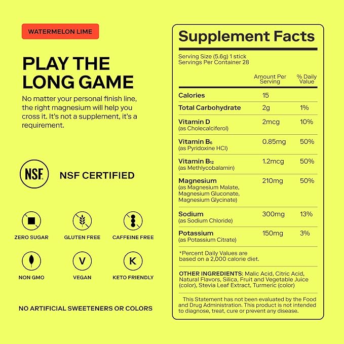 Magna Electrolyte Powder Drink Mix for Hydration, Energy & Focus Support with Magnesium L Threonate, Malate & Glycinate, Sodium, Potassium, Vitamin D, B6 & B12, Watermelon Lime Flavor, 28 Servings