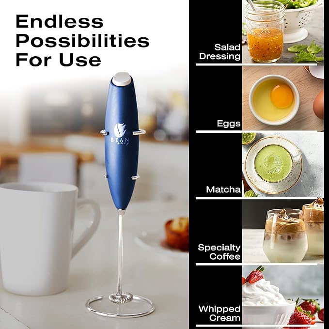 Bean Envy Milk Frother Handheld for Coffee - Electric Hand Blender, Mini Drink Mixer Whisk & Coffee Foamer Wand with Stand for Lattes, Cappuccino, Matcha and Hot Chocolate - Kitchen Gifts - Blue
