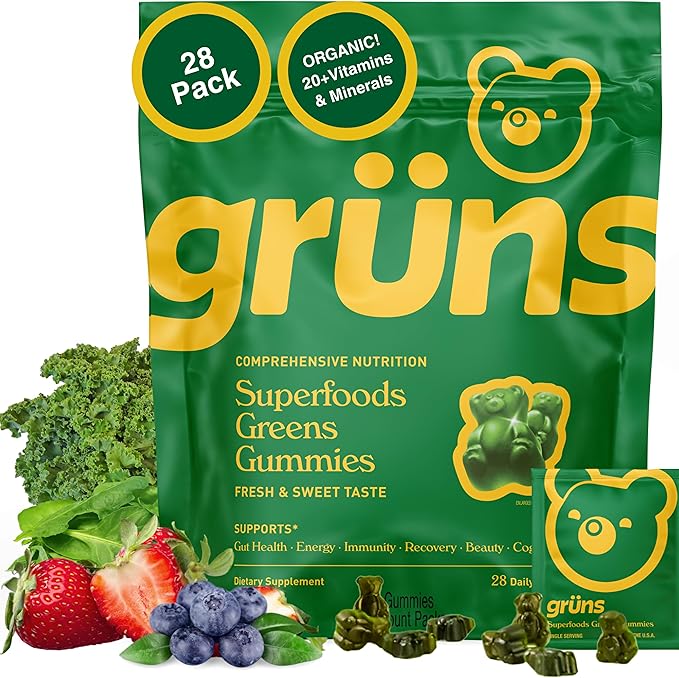 Gruns Adults Super Greens Gummies, Multivitamin Superfood Gummy Bears with Spirulina, Chlorella, Prebiotics & Fiber for Digestive Health, Adaptogens Supplement with 20 Vitamins & Minerals, 28 Count