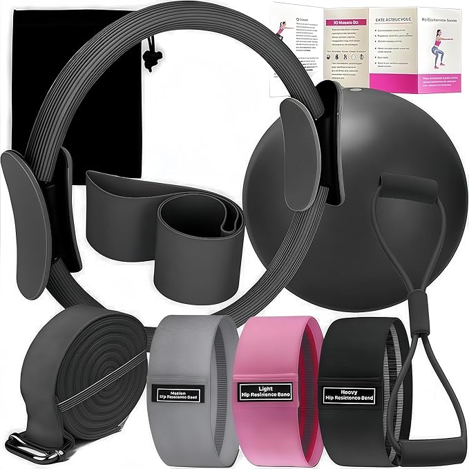 Pilates Set – Home Pilates Equipment for Women Kit with Magic Circle Pilates Ring and Ball Set, Resistance Bands & Massage Balls & Exercise Bands for Toning,Flexibility & Core Strength