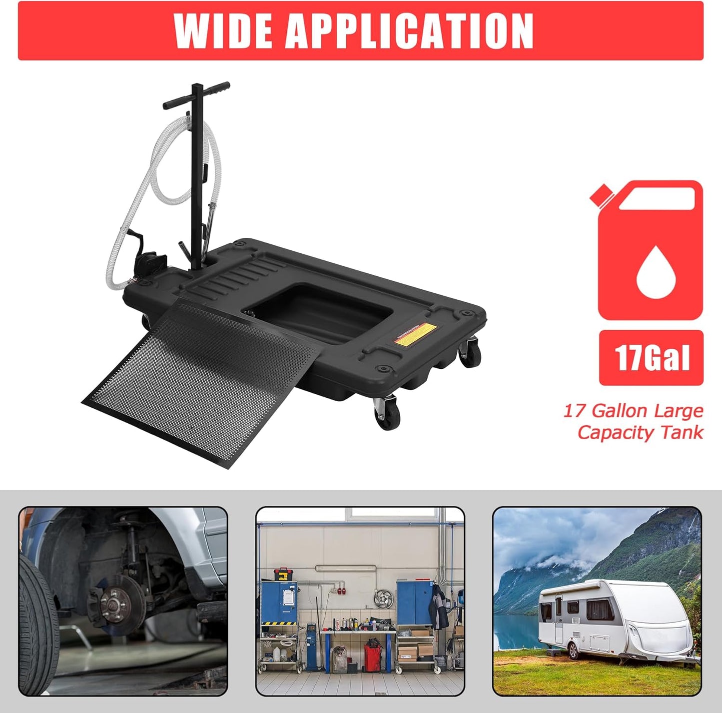 17 Gal Low Profile Oil Drain Pan, Heavy Duty Mobile Oil Changing Pan with Hand Pump, 8 Ft Hose & Quick Drain Valve, Leak-Proof Design for Truck Car Motorcycle, Garage Workshop Use