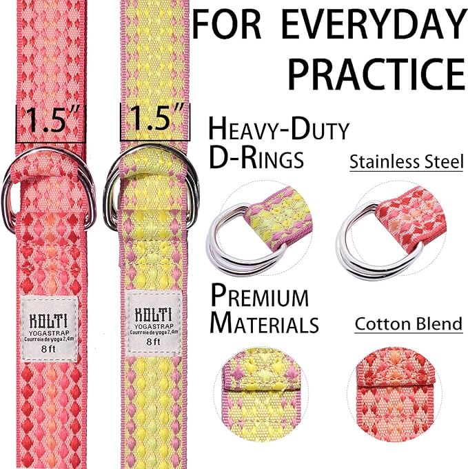 Yoga Exercise Adjustable Straps 8FT with Durable D-Ring for Pilates & Gym Workouts | Hold Poses, Stretch, Improve Flexibility & Maintain Balance