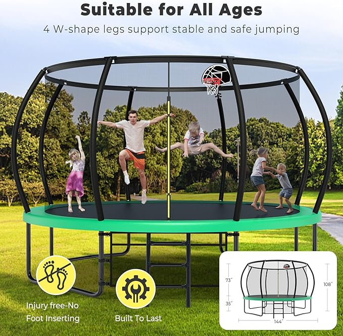 10 12 14 15 16FT Outdoor Trampolines for Kids and Adults, Pumpkin Trampoline with Curved Poles, Recreational Trampoline with Basketball Hoop and Safety Enclosure Net for Kids and Adults