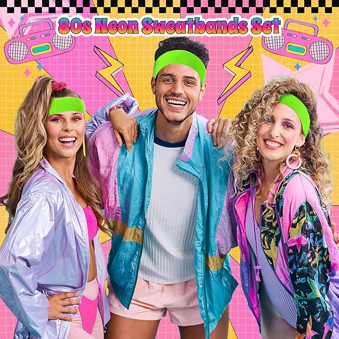 3 Pack Neon Sweatbands Sports Wristband and Headband 80s Sweatbands for Party Football Basketball Baseball Soccer