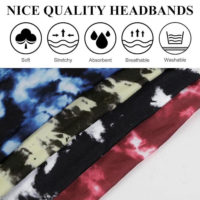 Huachi Tie Dye Headbands for Women Wide Head Wraps Boho Thick Hairbands Large African Sport Yoga Turban Headband Hair Accessories (Pack of 4)