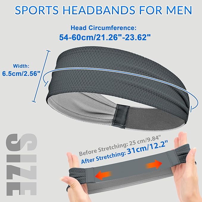 Sukeen Sports Headbands for Men, Moisture Wicking Sweat Bands Headbands Non-Slip, Breathable Elastic Sweatband, Running Headband for Yoga, Tennis, Fitness Workout